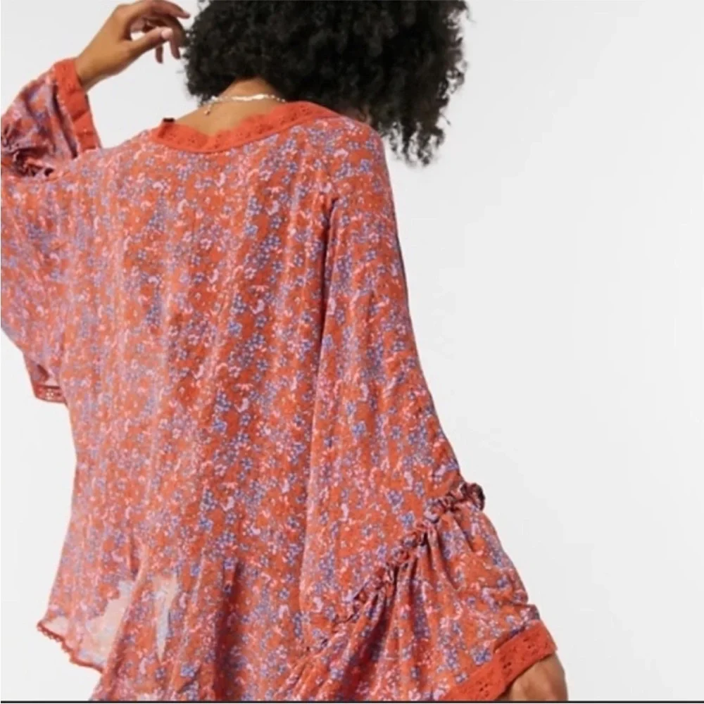 Free People Lola Wild Red Kimono Tassel Tie  Sz Small Relaxed Fit NWT Ret $98